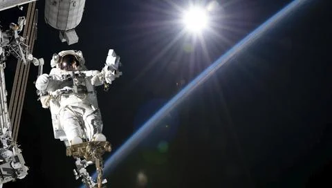 Astronaut in outer space over the planet Earth. Our home. ISS. Elements of this Illustrazione stock