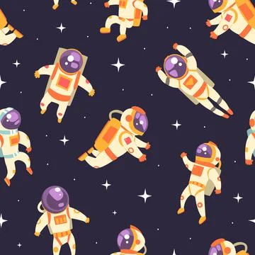 Astronaut in Outer Space Seamless Pattern, Space Explorer Endless Repeating Stock Illustration