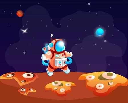 Astronaut in outer space in spacesuit walks on planet concept. Game location Stock Illustration