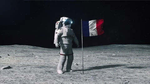 Astronaut in outer space on the surface of the moon. Planting France French flag Stock Footage 168336840