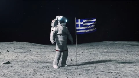 Astronaut in outer space on the surface of the moon. Planting Greece Greek flag. Stock Footage 168337186