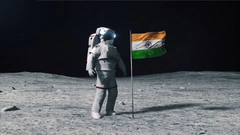Astronaut in outer space on the surface of the moon. Planting India Indian flag. Stock-Footage 168337191