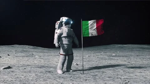 Astronaut in outer space on the surface of the moon. Planting Italy Italian flag Stock Footage 168338616