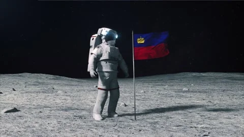 Astronaut in outer space on the surface of the moon. Planting Liechtenstein flag Stock Footage 168338634