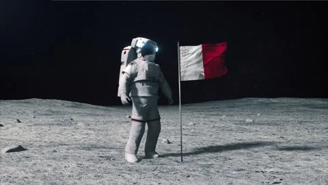 Astronaut in outer space on the surface of the moon. Planting Malta flag. Stock Footage 168339743