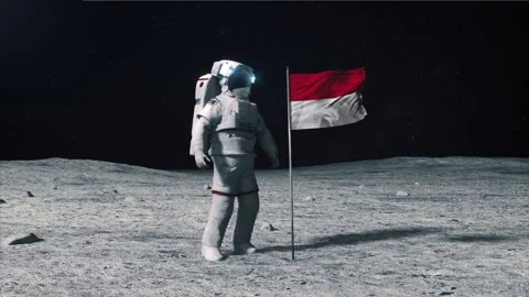 Astronaut in outer space on the surface of the moon. Planting Monaco flag. Stock Footage 168339771