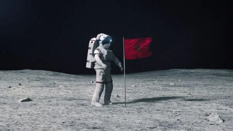 Astronaut in outer space on the surface moon. Planting Morocco Moroccan flag Stock-Footage 168339773