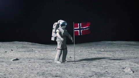 Astronaut in outer space on the surface of the moon. Planting Norway flag Stock Footage 168386414