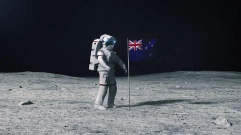 Astronaut in outer space on the surface of the moon. Planting New Zealand flag. Stock-Footage 168386422