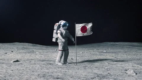 Astronaut in outer space on the surface of moon. Planting Japan, Japanese flag Stock Footage 168388034