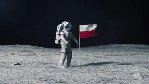 Astronaut in outer space on the surface of the moon. Planting Polish flag. Stock Footage 168388041