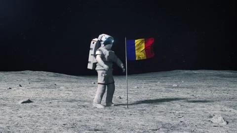 Astronaut in outer space on the surface of the moon. Planting Romanian flag. Stock Footage 168388046