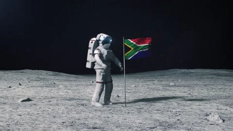 Astronaut in outer space on the surface of the moon. Planting South Africa flag Stock Footage 168388840