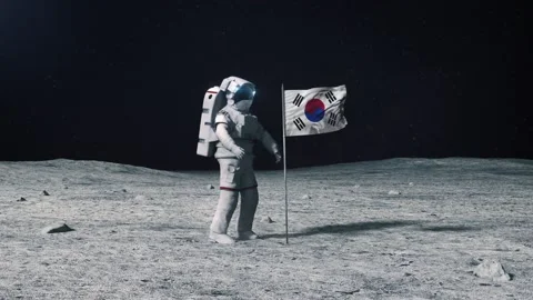 Astronaut in outer space on the surface of the moon. Planting South Korea flag Stock Footage 168388844