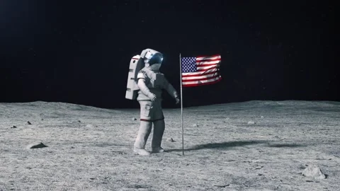 Astronaut in outer space on the surface of the moon. Planting US American flag.  Stock Footage 168390619