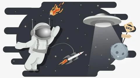 An astronaut in outer space welcomes flying UFOs flat childrens doodles Stock Illustration