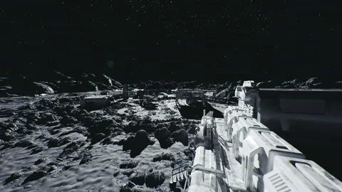 Astronaut pathway surrounded by distant settlement illumination and shadows Stock Footage 339786525