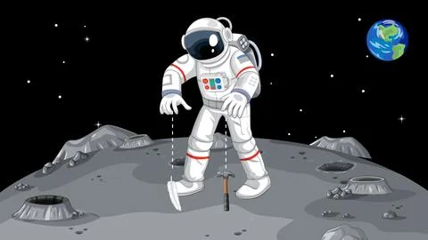 Astronaut Performing Gravity Experiment with Hammer and Feather on Moon イラスト素材