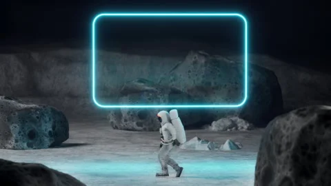 An astronaut performing moonwalk dance move on a Moon surface in front of neon Vidéo 282281240