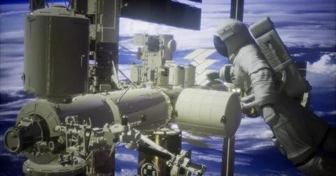 Astronaut performs maintenance outside international space station Stock Illustration