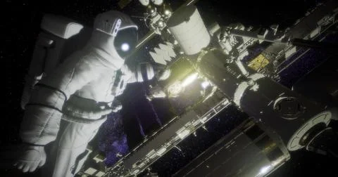 Astronaut performs maintenance on space station during extravehicular activit Stock Illustration