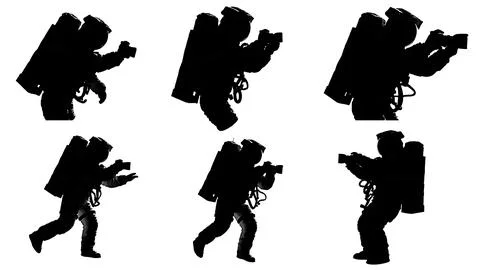 Astronaut Photographer in Space Black Solid Silhouettes Set Illustration