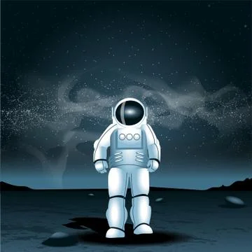 Astronaut on a planet, over a background with dark space and glowing stars. D Stock Illustration
