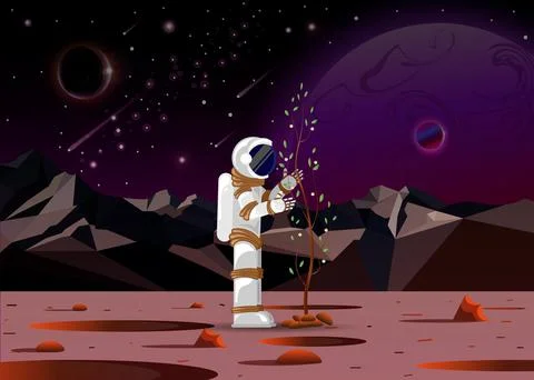 Astronaut plants a tree on a distant planet in open space Stock Illustration
