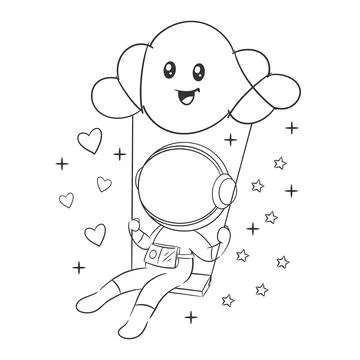 Astronaut is playing on swing for coloring Stock Illustration