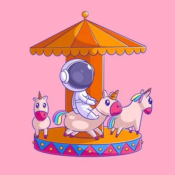 Astronaut playing the unicorn carousel Stock Illustration