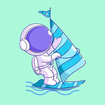 Astronaut playing windsurfing in the ocean Stock Illustration