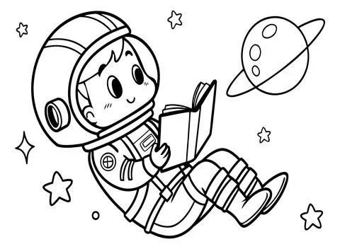 Astronaut reading book floating in space surrounded by planets and stars. Stock Illustration
