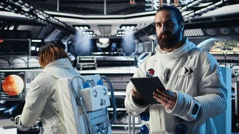 Astronaut reading mission plan on tablet before stepping out of space station Stock Photos