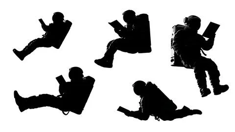 Astronaut Reading in Zero-Gravity Black Silhouettes Set Illustrazione stock