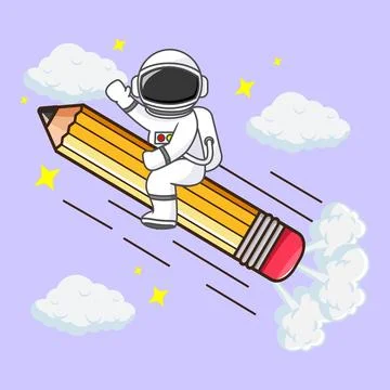 Astronaut Riding Pencil Rocket Vector Illustration Stock Illustration