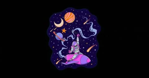 Astronaut riding rocket through purple space, holding dust trail with crescen Stock Illustration