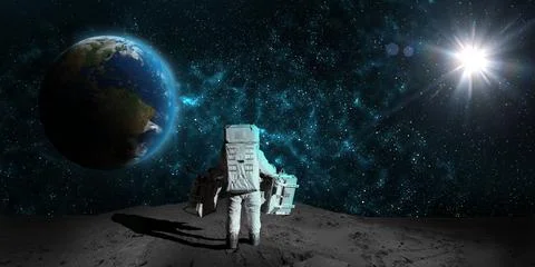 Astronaut on rock surface moon in space. Spacewalk.Astronaut standing looking Stock Illustration