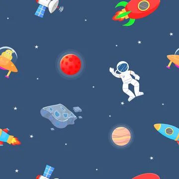 Astronaut with rocket and alien in the open space Illustrazione stock