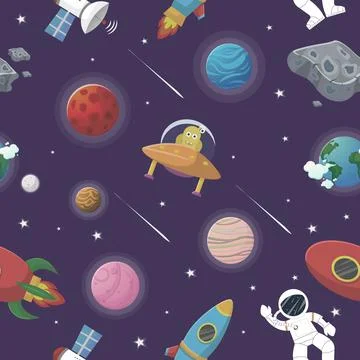 Astronaut with rocket and alien in the open space Illustrazione stock