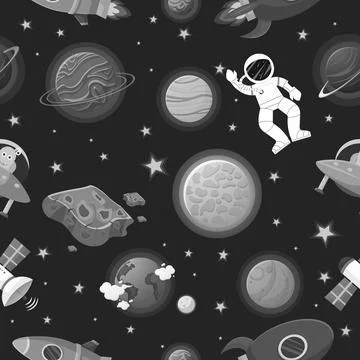 Astronaut with rocket and alien in the open space Illustrazione stock