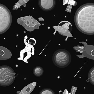 Astronaut with rocket and alien in the open space Illustrazione stock