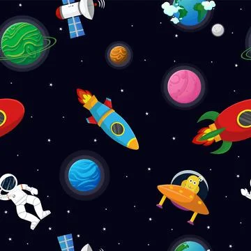 Astronaut with rocket and alien in the open space Illustrazione stock