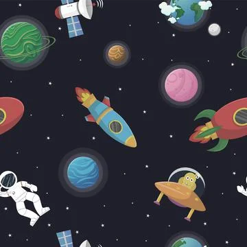 Astronaut with rocket and alien in the open space Stock Illustration