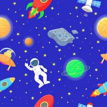 Astronaut with rocket and alien in the open space Stock Illustration