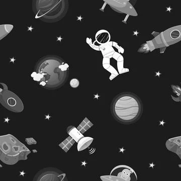 Astronaut with rocket and alien in the open space Stock Illustration