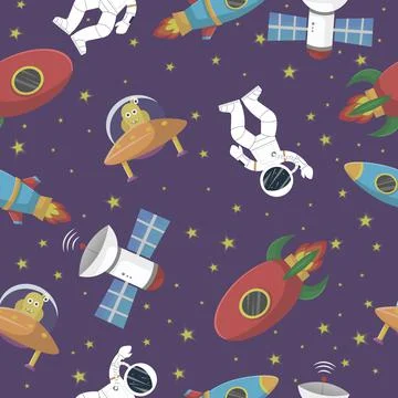 Astronaut with rocket and alien in the open space Stock Illustration