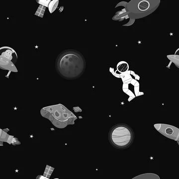 Astronaut with rocket and alien in the open space Illustrazione stock