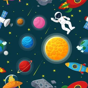 Astronaut with rocket and alien in the open space Stock Illustration