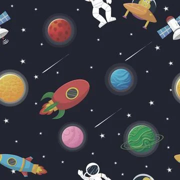 Astronaut with rocket and alien in the open space Stock Illustration