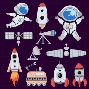 Astronaut rocket satellite space element set Stock Illustration